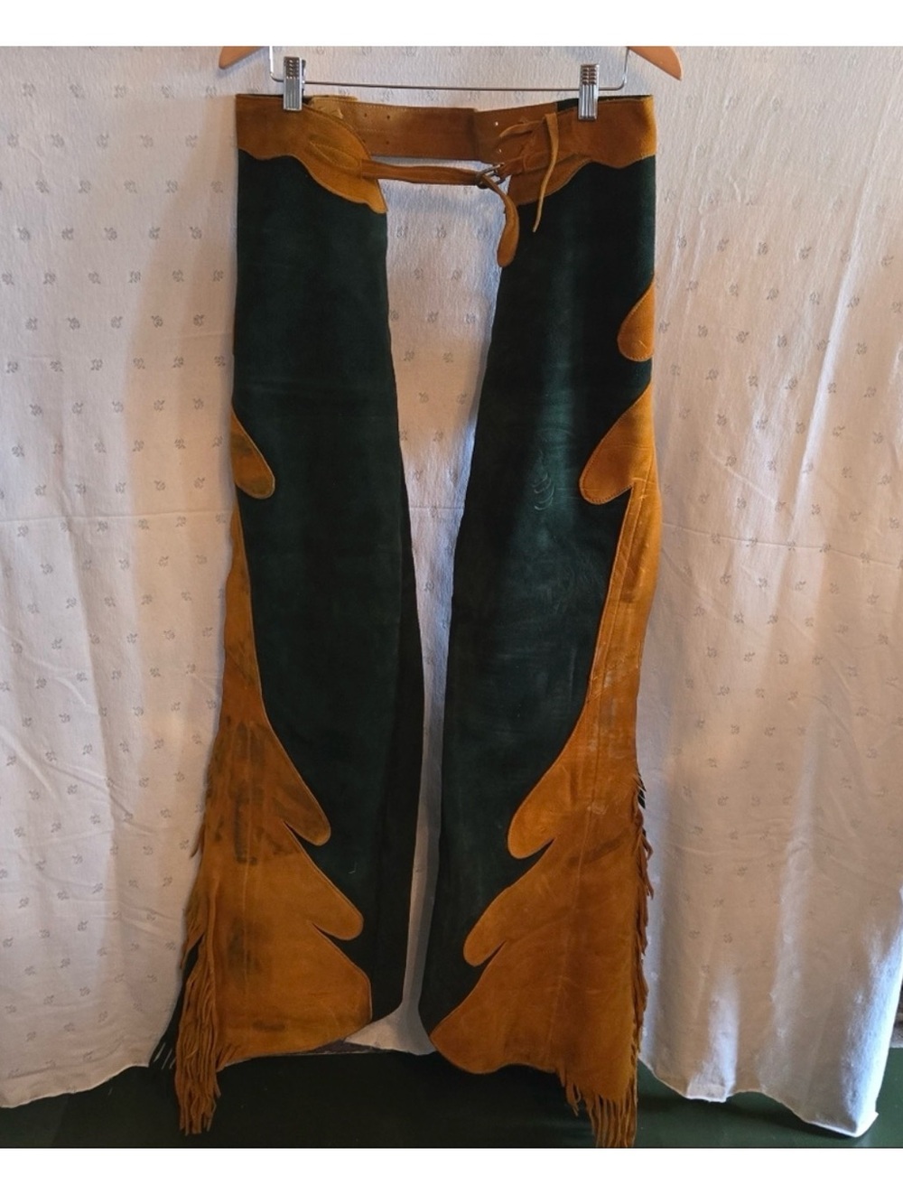 Vintage H. Kauffman & Sons Green and Gold Suede Fringed Chaps Size 23/34